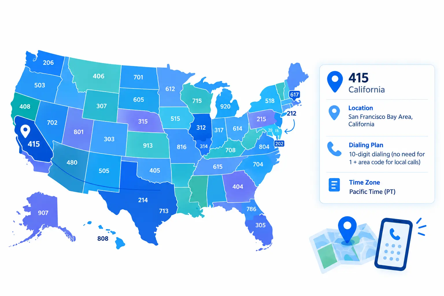 Area codes by locations Map